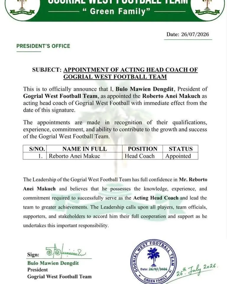 Appointment letter of Acting head coach of West Football Team in Juba