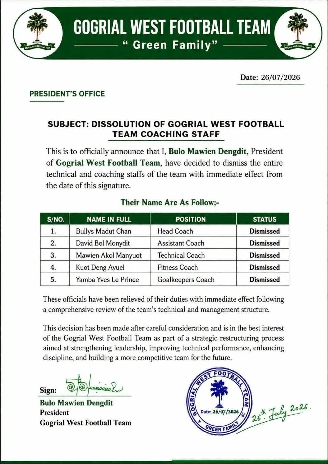 Dissolution letter of Gogrial West Football Team coaching staff