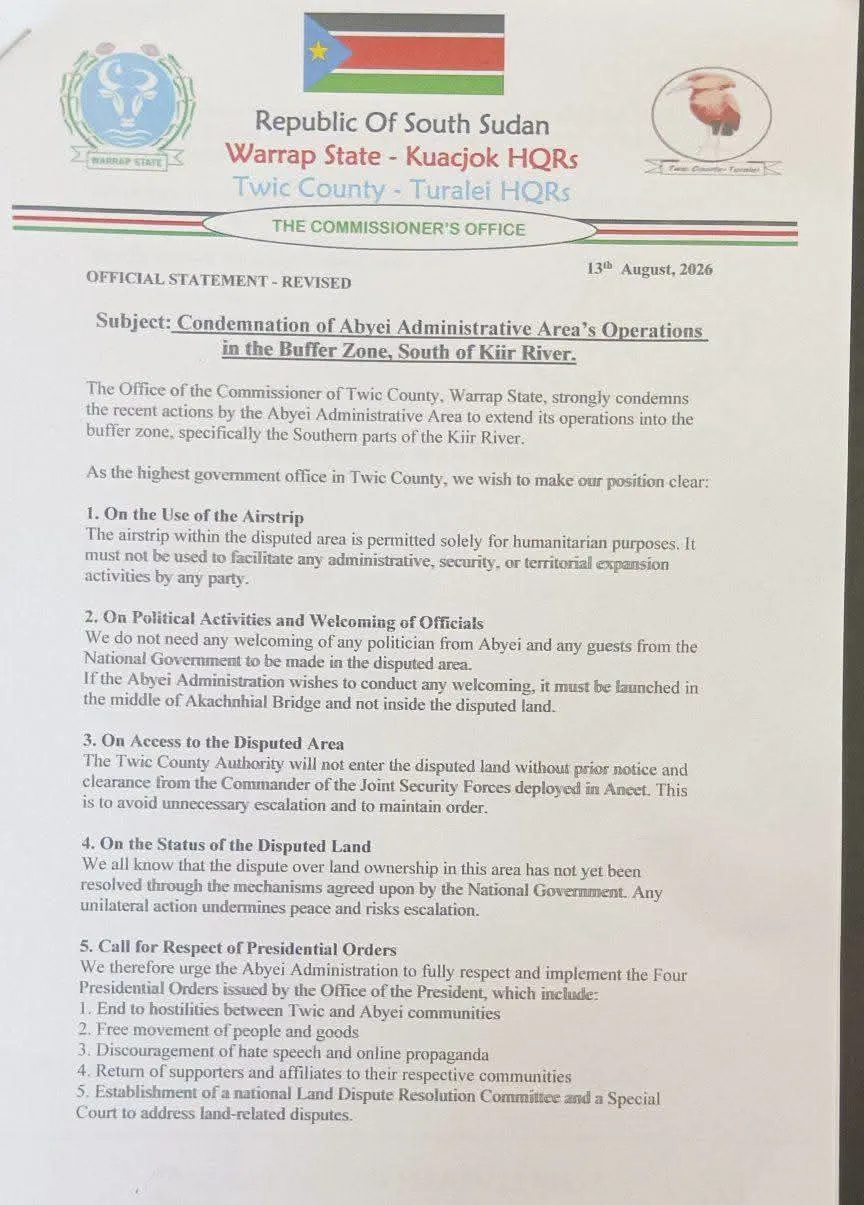 Condemnation letter by Twic County Commissioner, Mr. Mangok Kom Nyuol