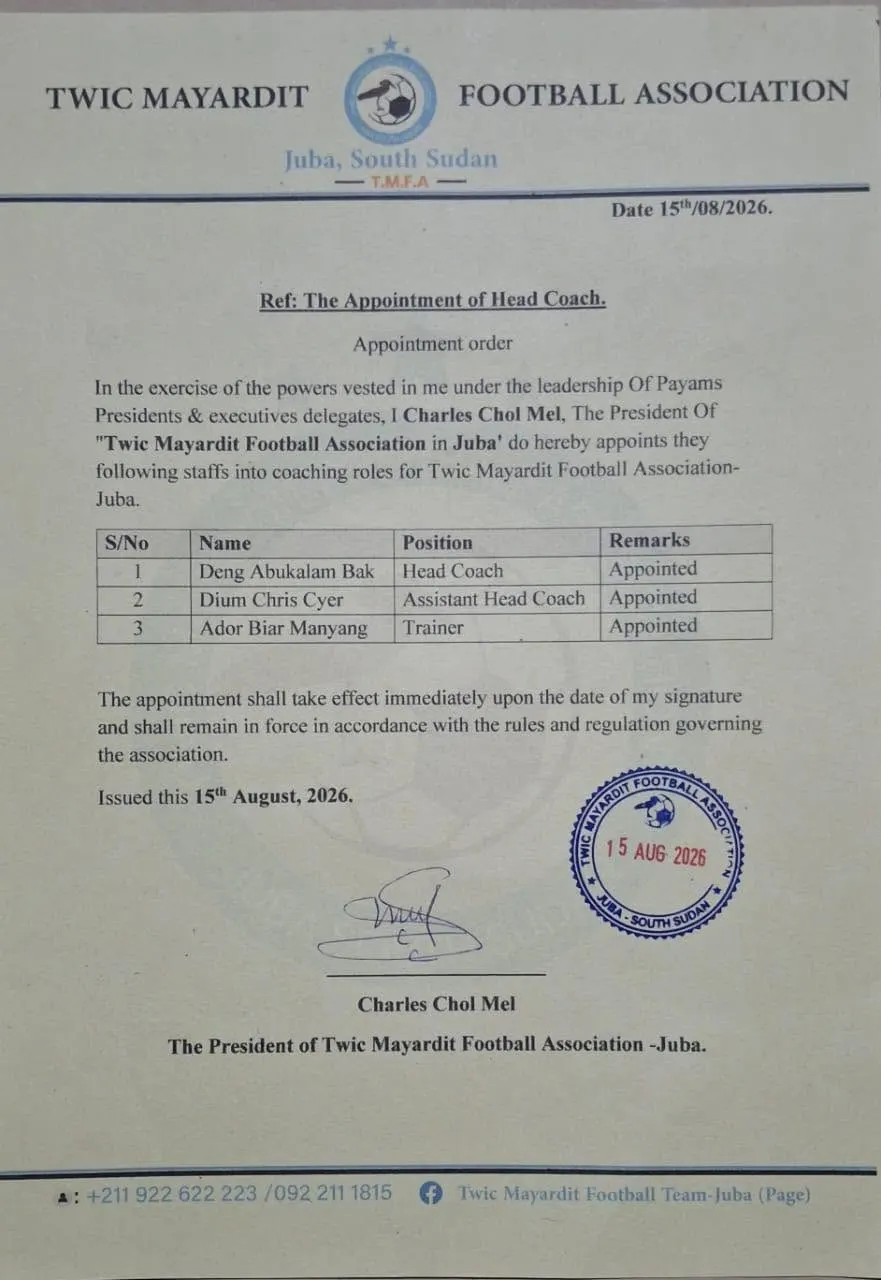 Appointment Letter of the New Head Coach Deng Abukalam Bak